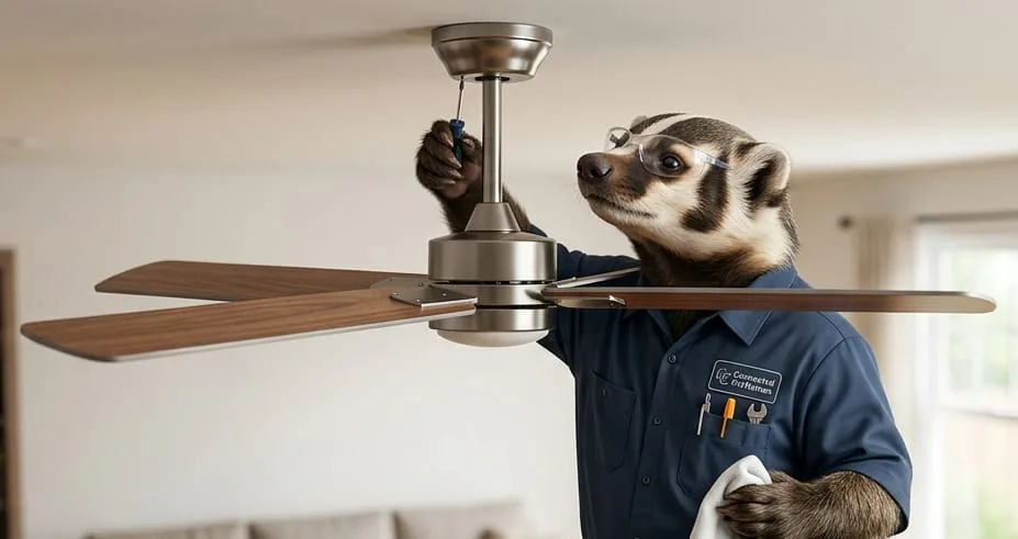 Illustrated badger mascot with a ceiling fan