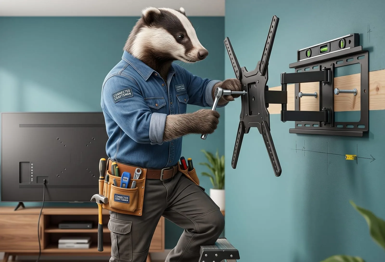 Illustrated badger mascot mounting a flat-screen TV on the wall