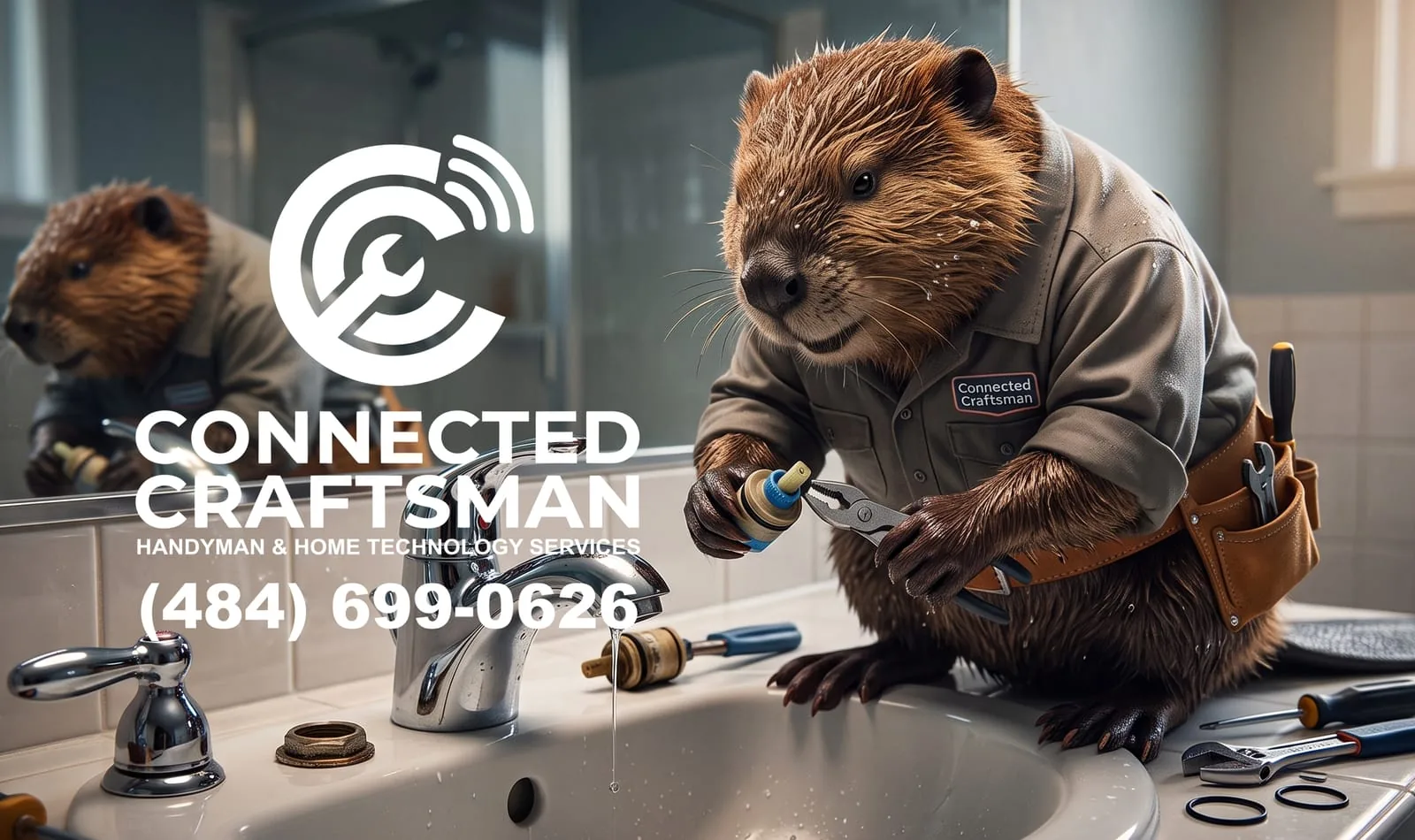 Illustrated beaver mascot fixing a leaky bathroom faucet