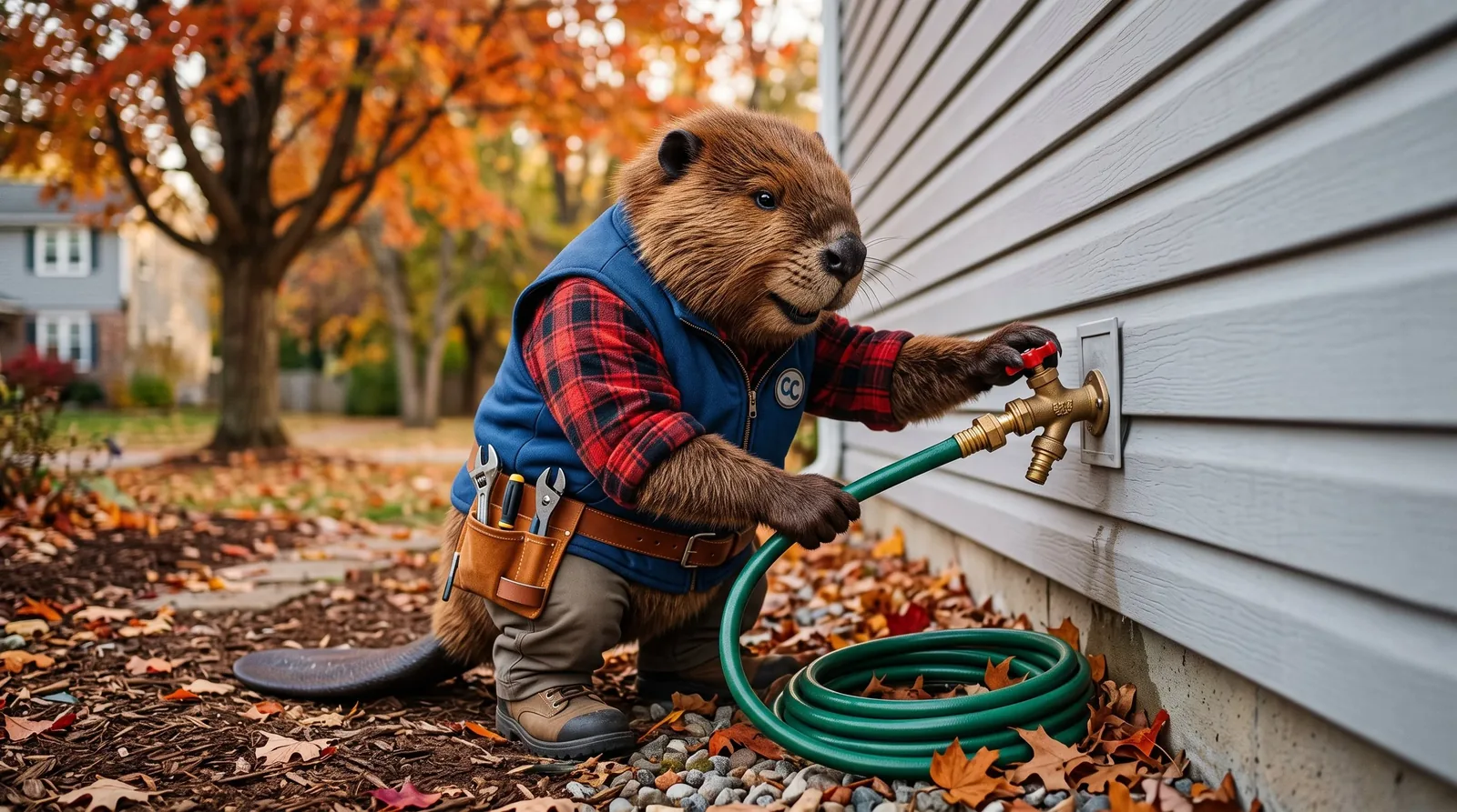Illustrated beaver mascot disconnecting a hose from an outdoor hose bib in fall