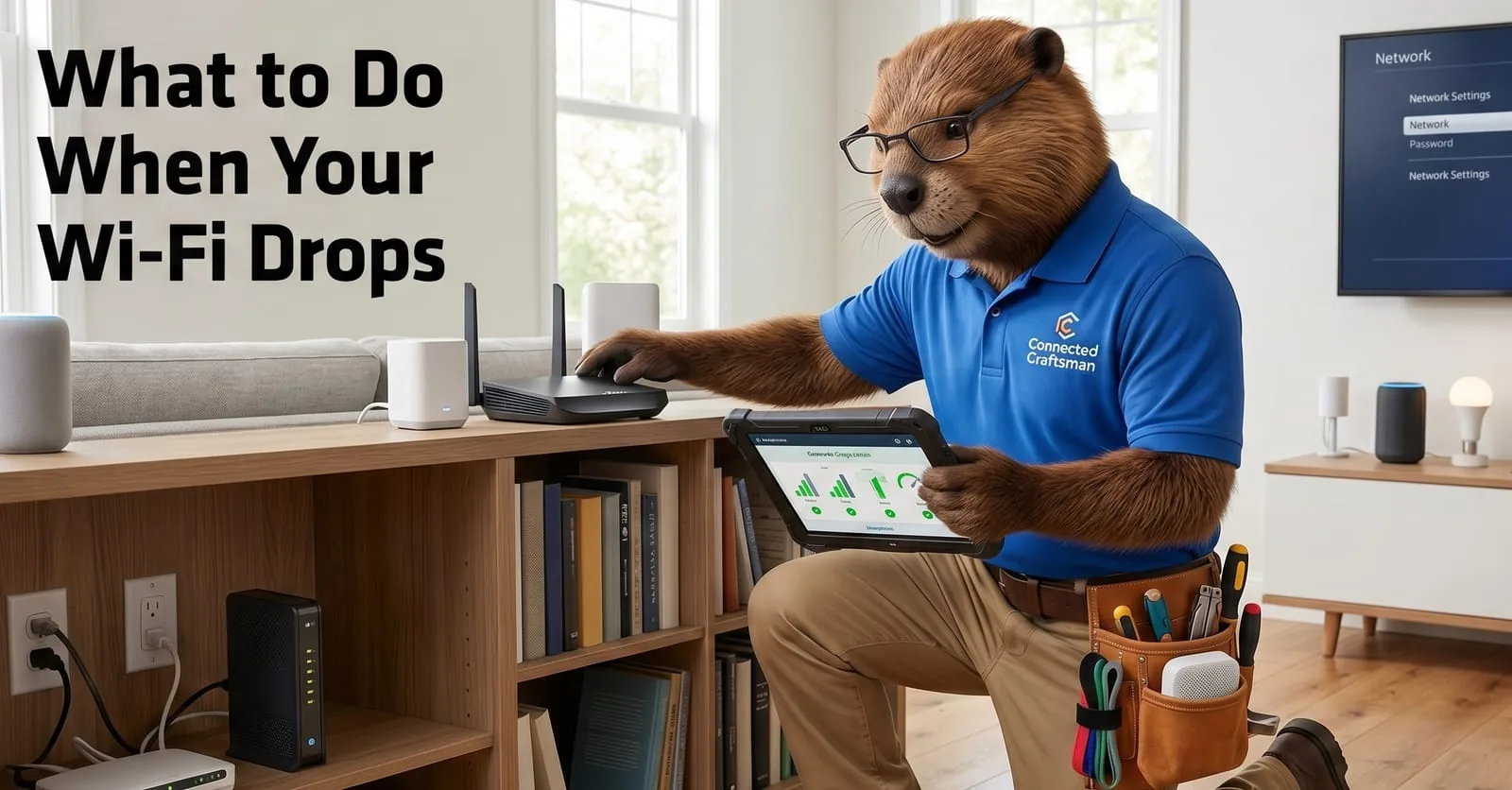 Illustrated beaver mascot troubleshooting a home Wi-Fi router
