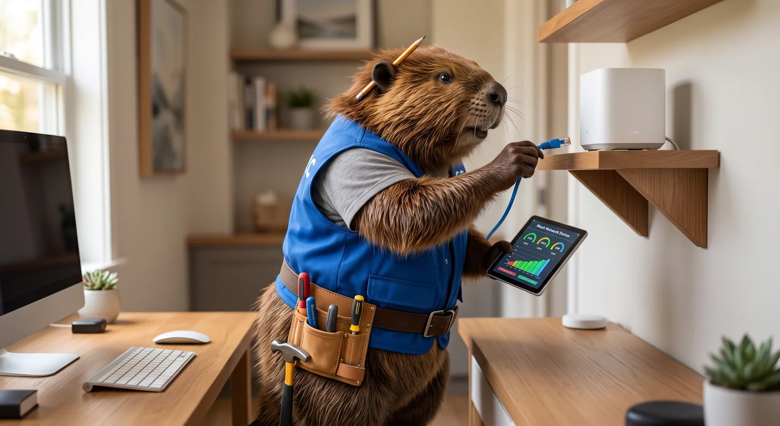 Illustrated beaver mascot connecting a mesh Wi-Fi node with a tablet showing network status