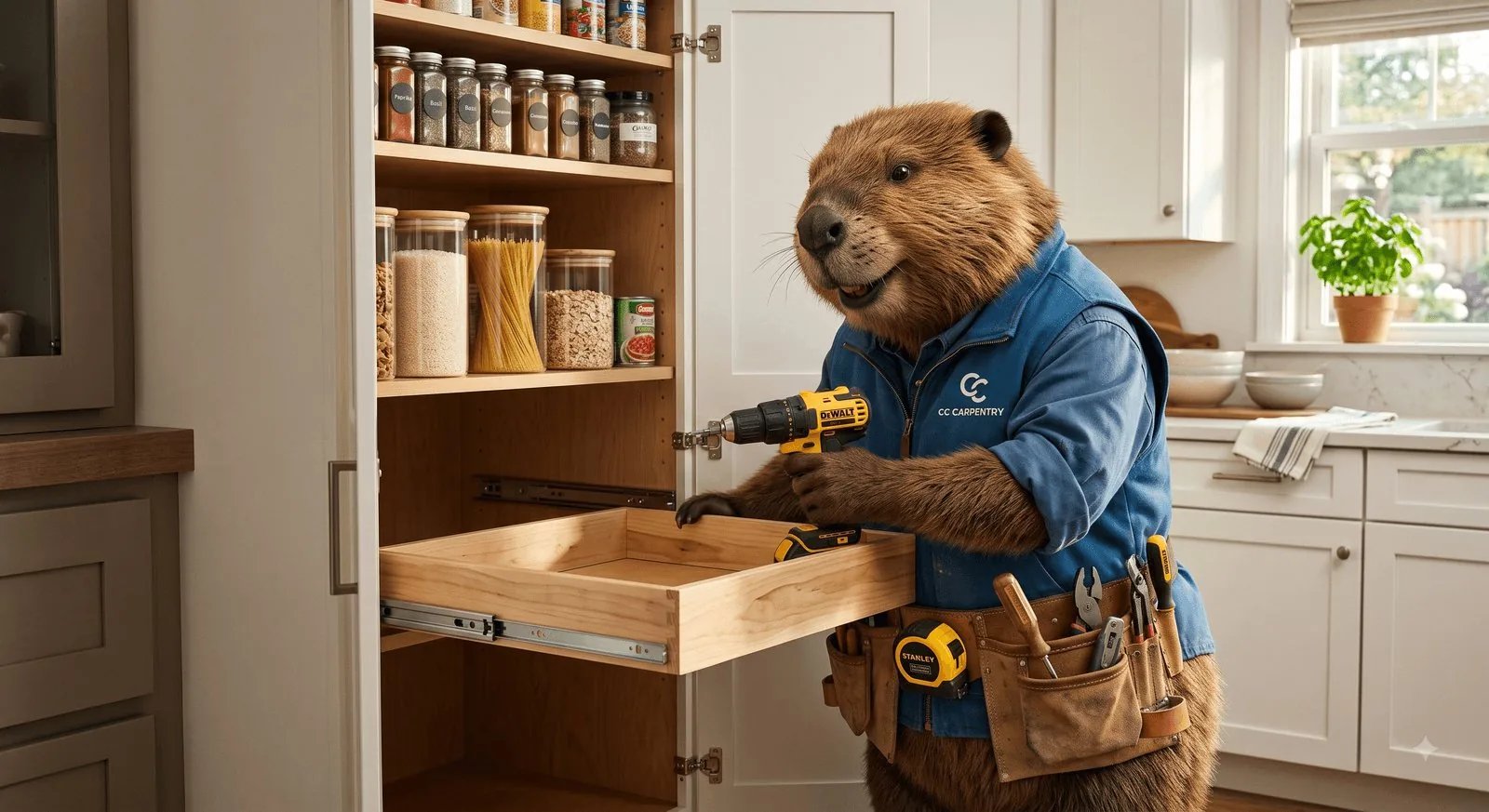 Illustrated beaver mascot installing a pull-out pantry drawer