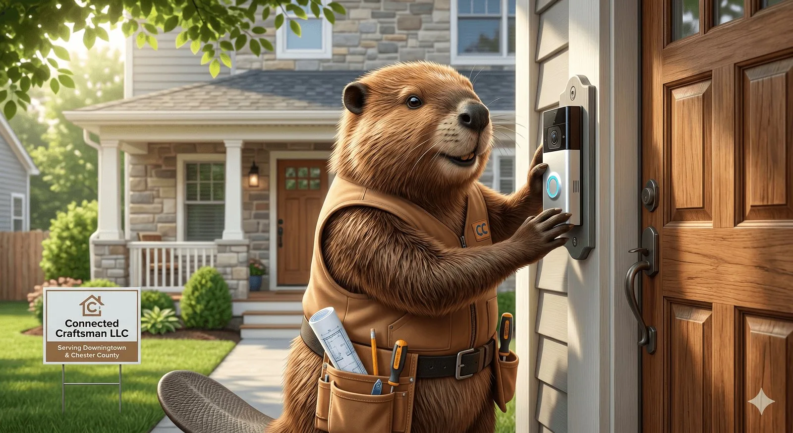 Illustrated beaver mascot installing a video doorbell beside a front door