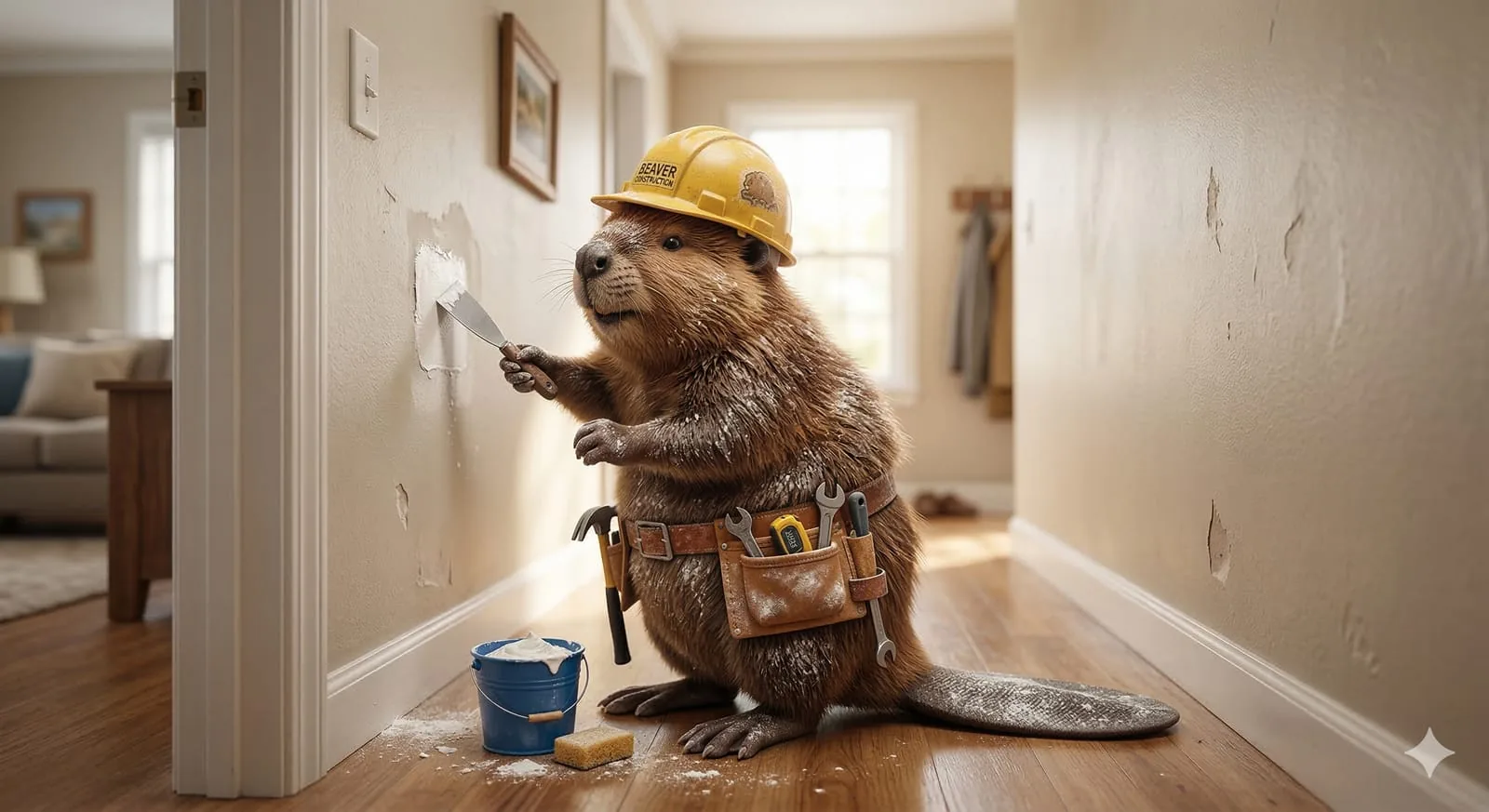 Illustrated beaver mascot patching a drywall ding