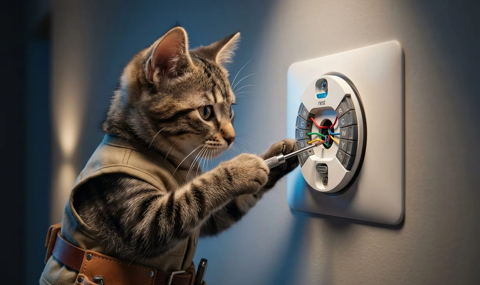 Illustrated cat mascot adjusting a smart thermostat