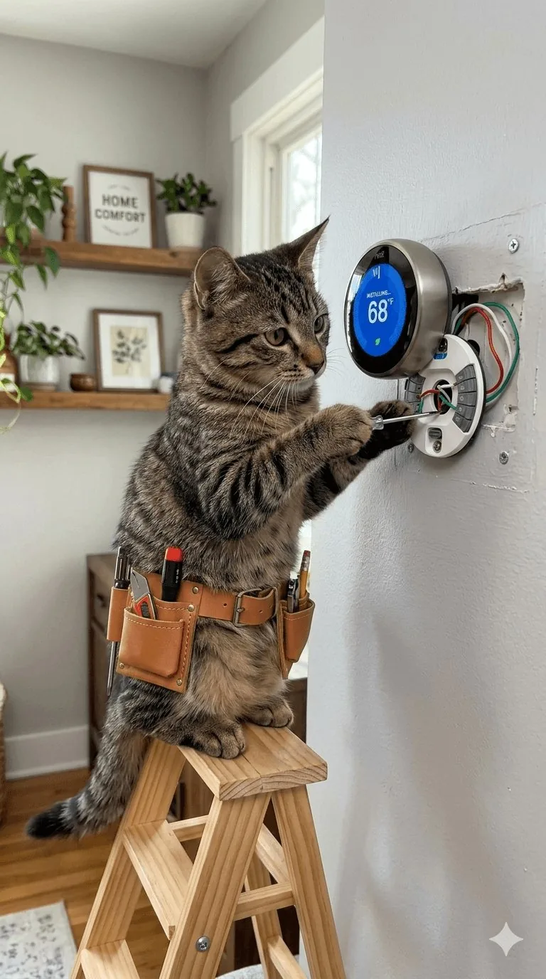 Illustrated cat mascot installing a smart thermostat