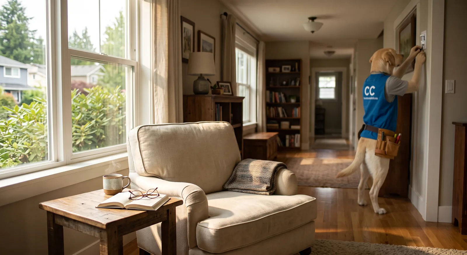 Illustrated dog mascot adjusting a wall-mounted control panel by the front door in a cozy living room while the homeowner relaxes with coffee and a book