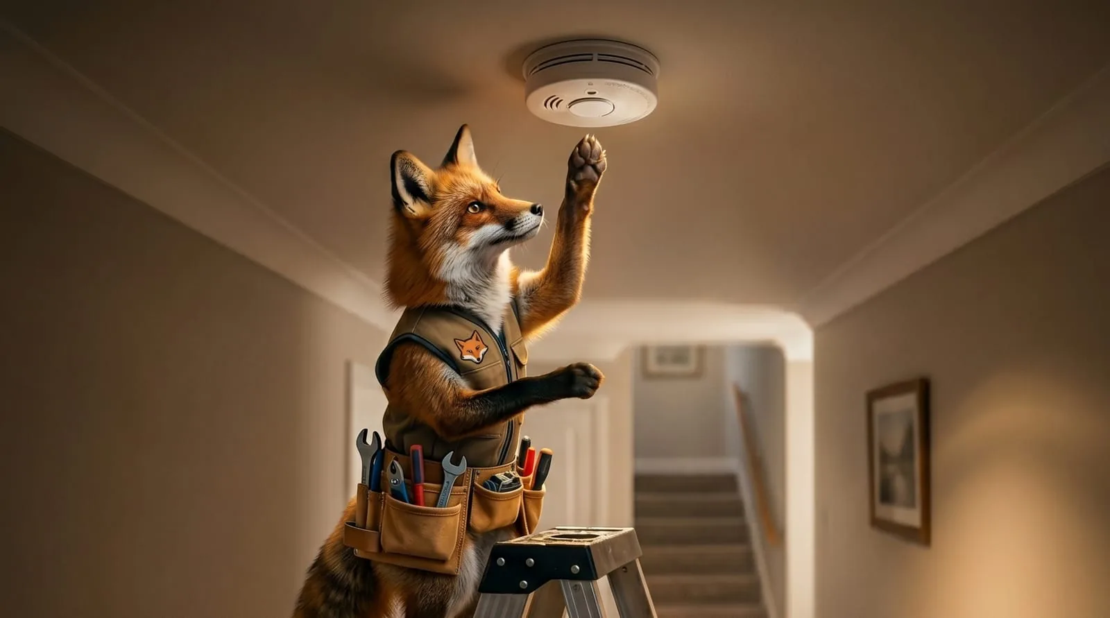 Illustrated fox mascot checking a smoke detector