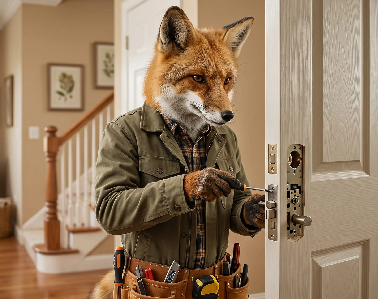 Illustrated fox mascot fixing an interior door