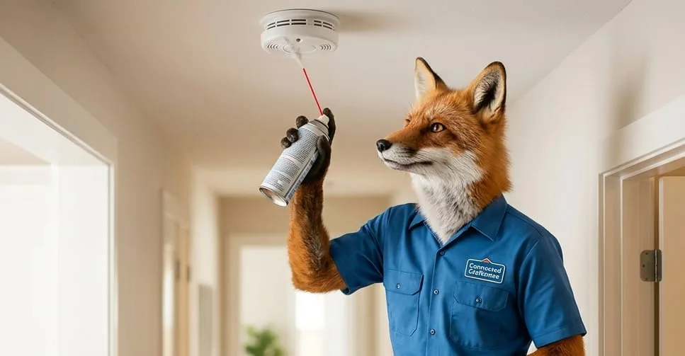 Illustrated fox mascot testing a smoke detector