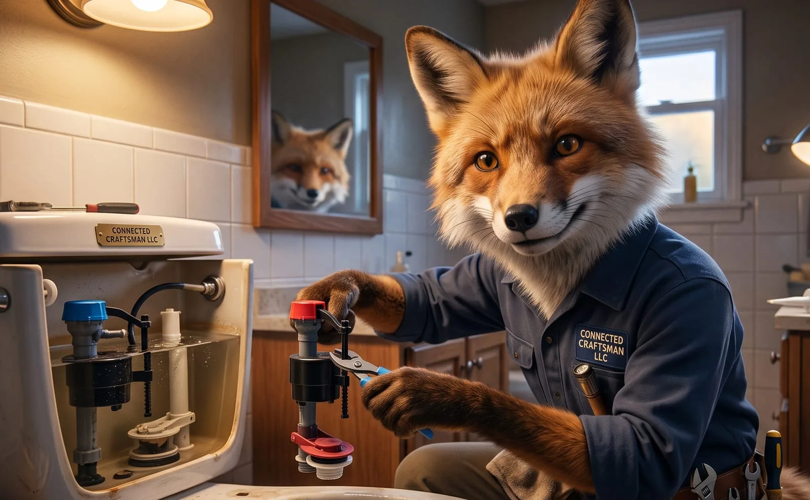 Illustrated fox mascot repairing a running toilet