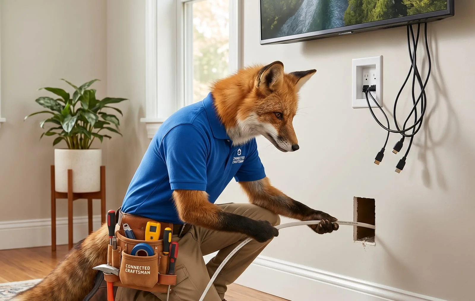 Illustrated fox mascot hiding TV cables behind the wall