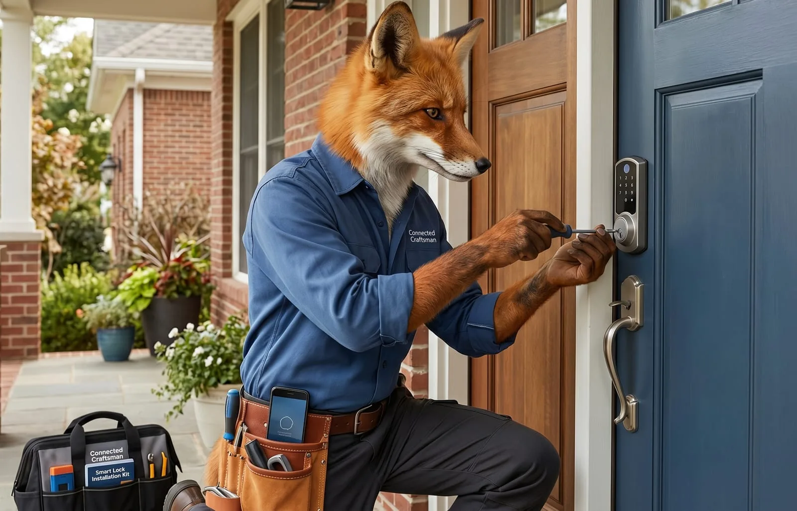 Illustrated fox mascot installing a smart door lock