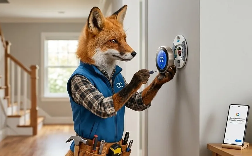 Illustrated fox mascot installing a smart thermostat in a hallway