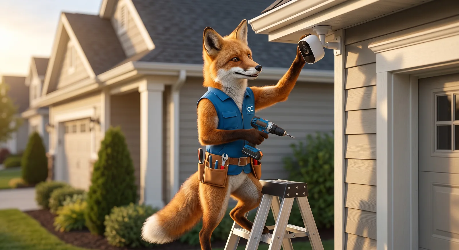 Illustrated fox mascot mounting an outdoor security camera under the eave of a house