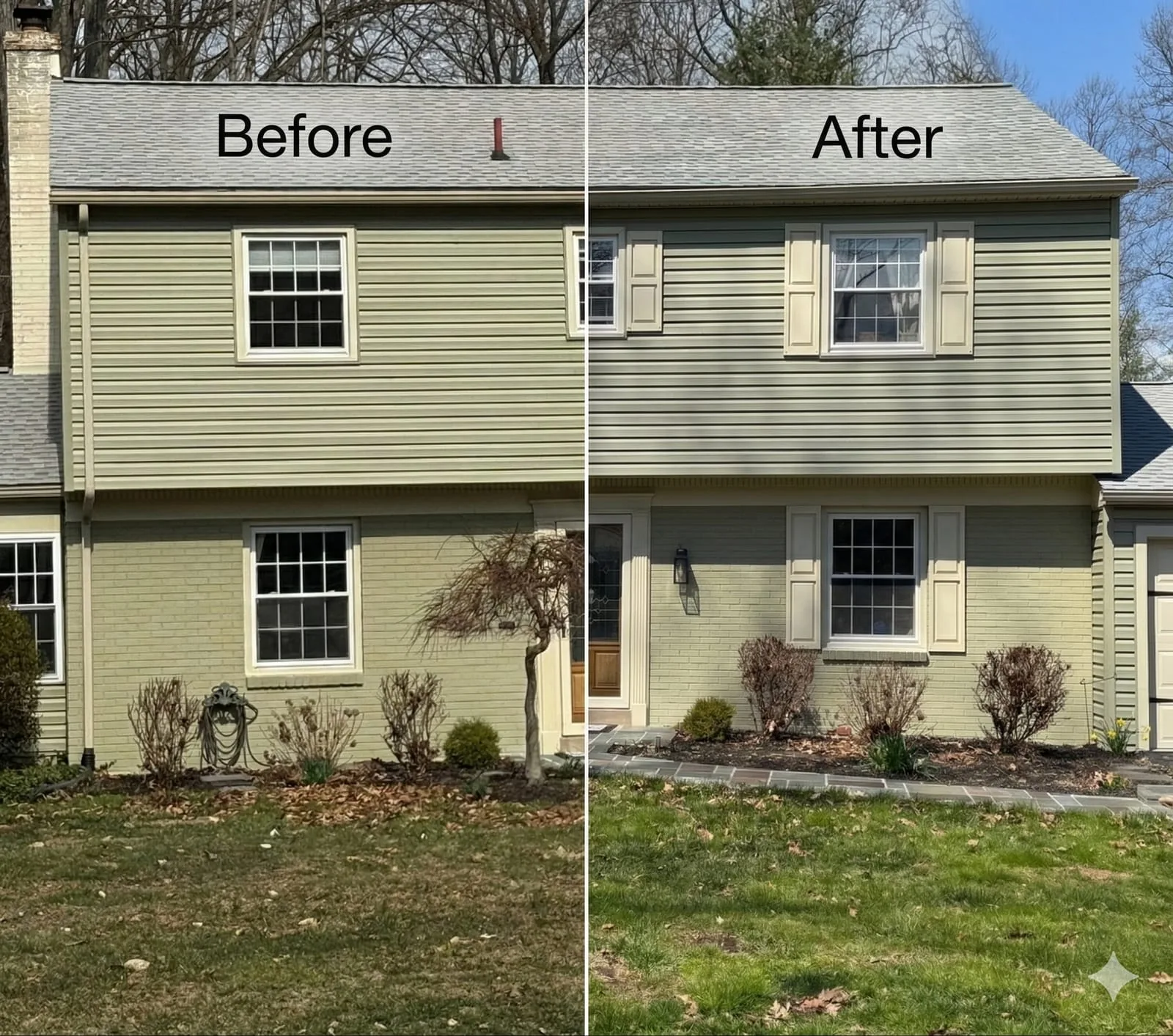 Before and after photo of a house siding renovation