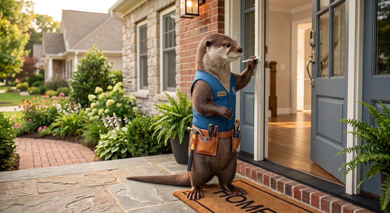 Illustrated otter mascot marking a deadbolt strike plate with chalk to check bolt alignment