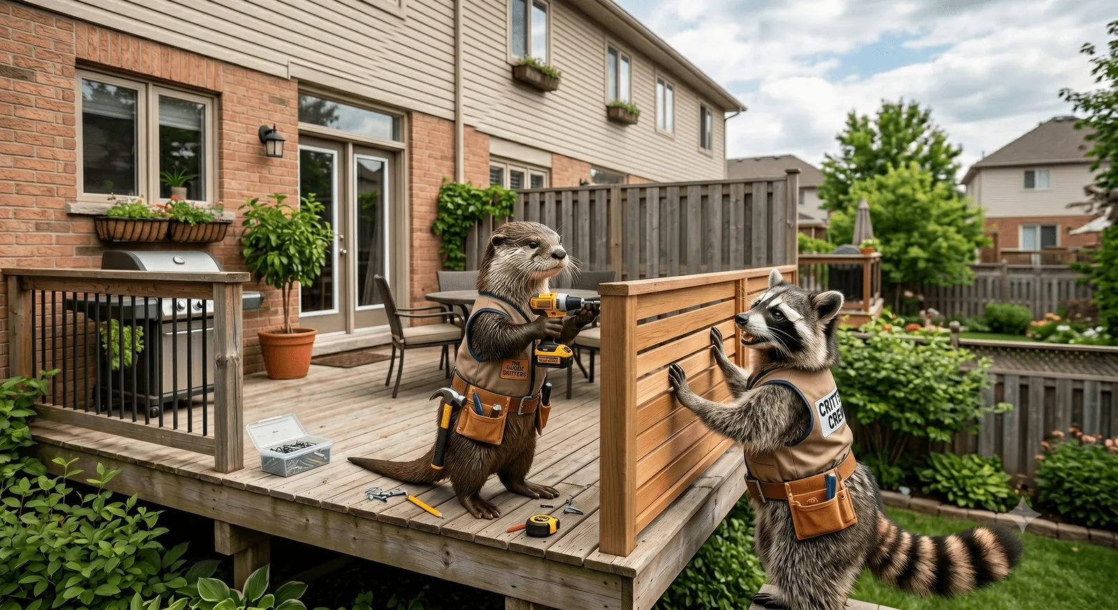 Illustrated otter and raccoon mascots building a deck railing together