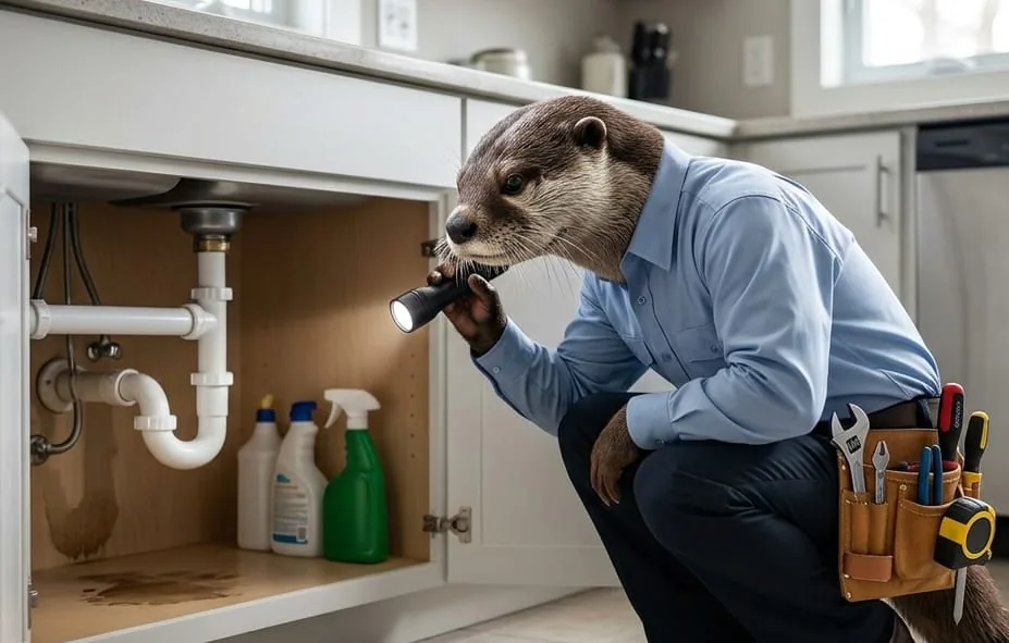 Illustrated otter mascot examining a kitchen sink drain