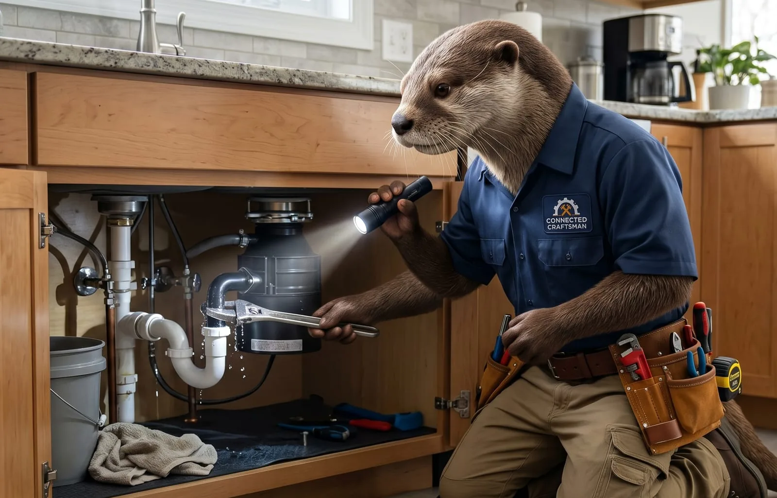 Illustrated otter mascot checking for leaks under a sink