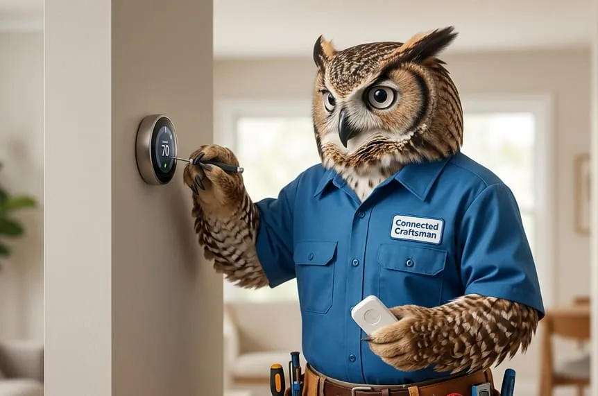 Illustrated owl mascot checking a smart thermostat