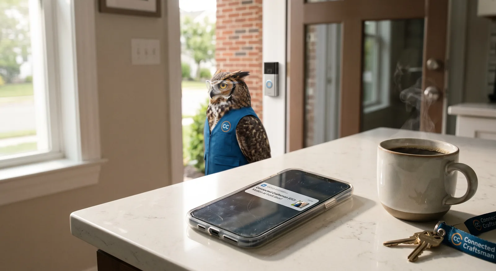 Illustrated owl mascot standing at the front door beside a video doorbell, with a phone on the kitchen counter showing the motion notification