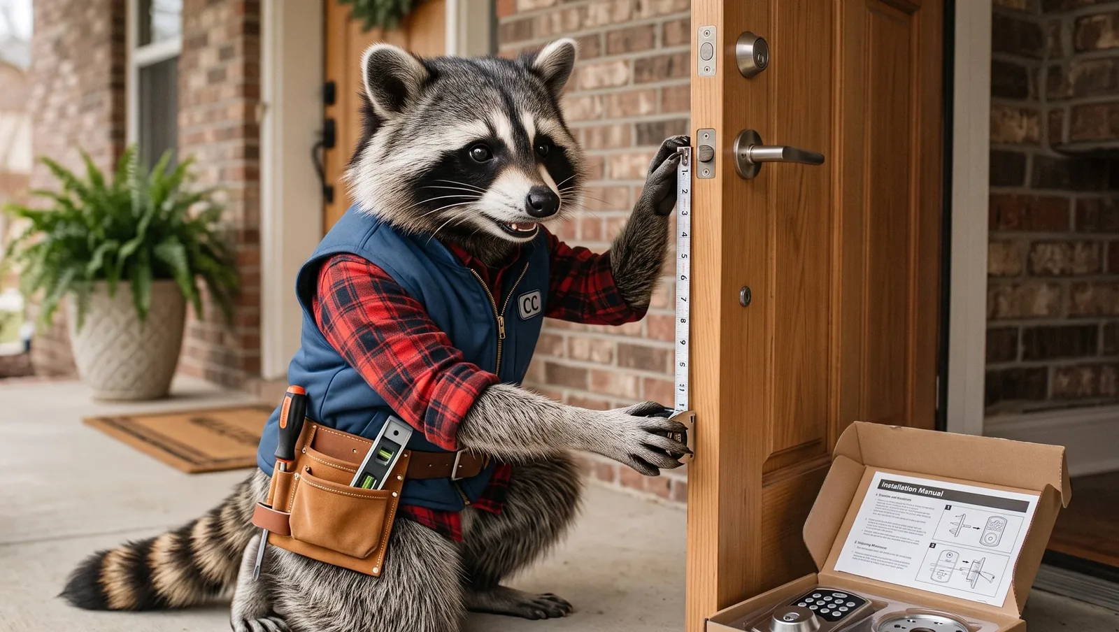 Illustrated raccoon mascot measuring a door edge next to an open smart lock box