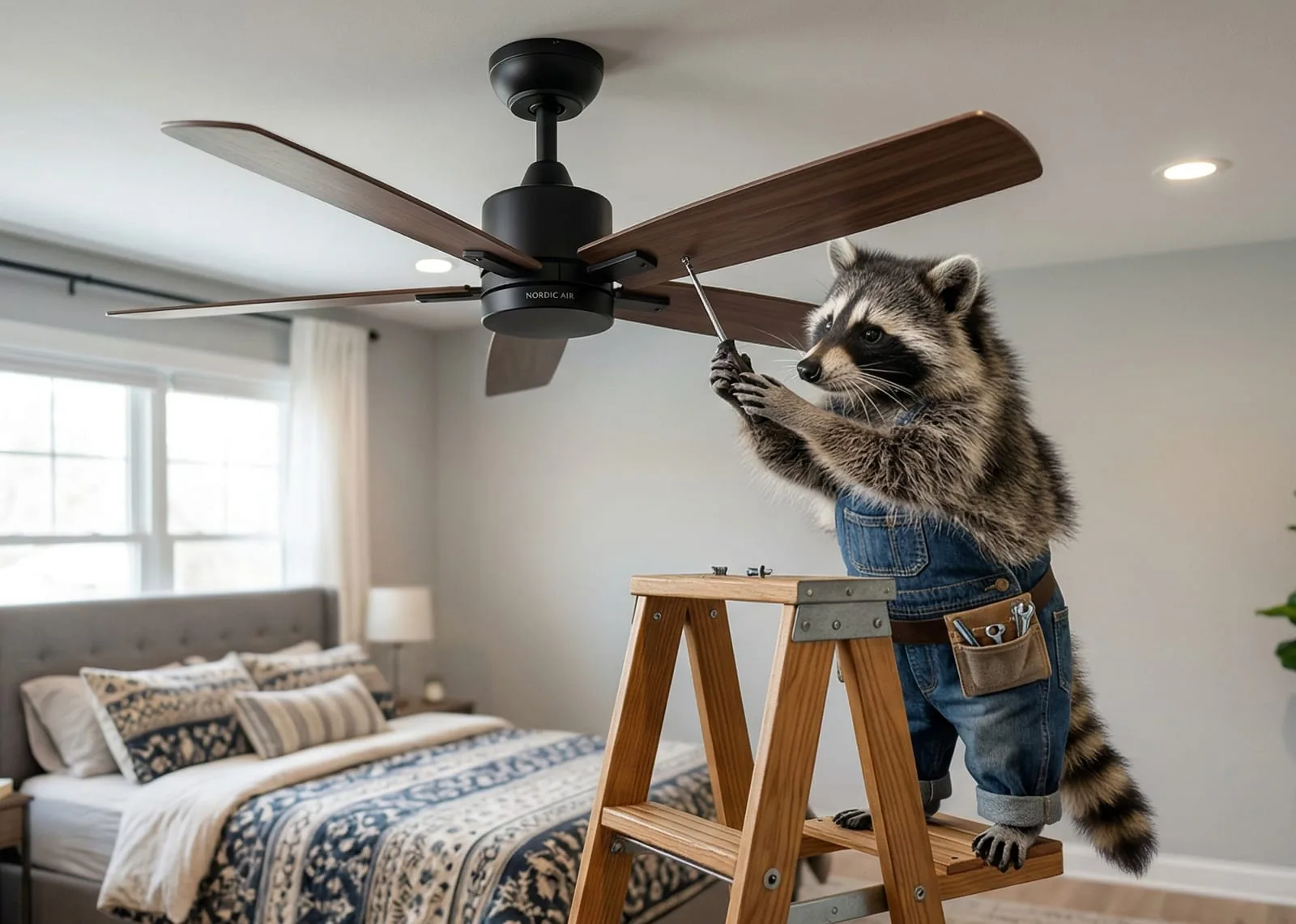 Illustrated raccoon mascot fixing a wobbling ceiling fan
