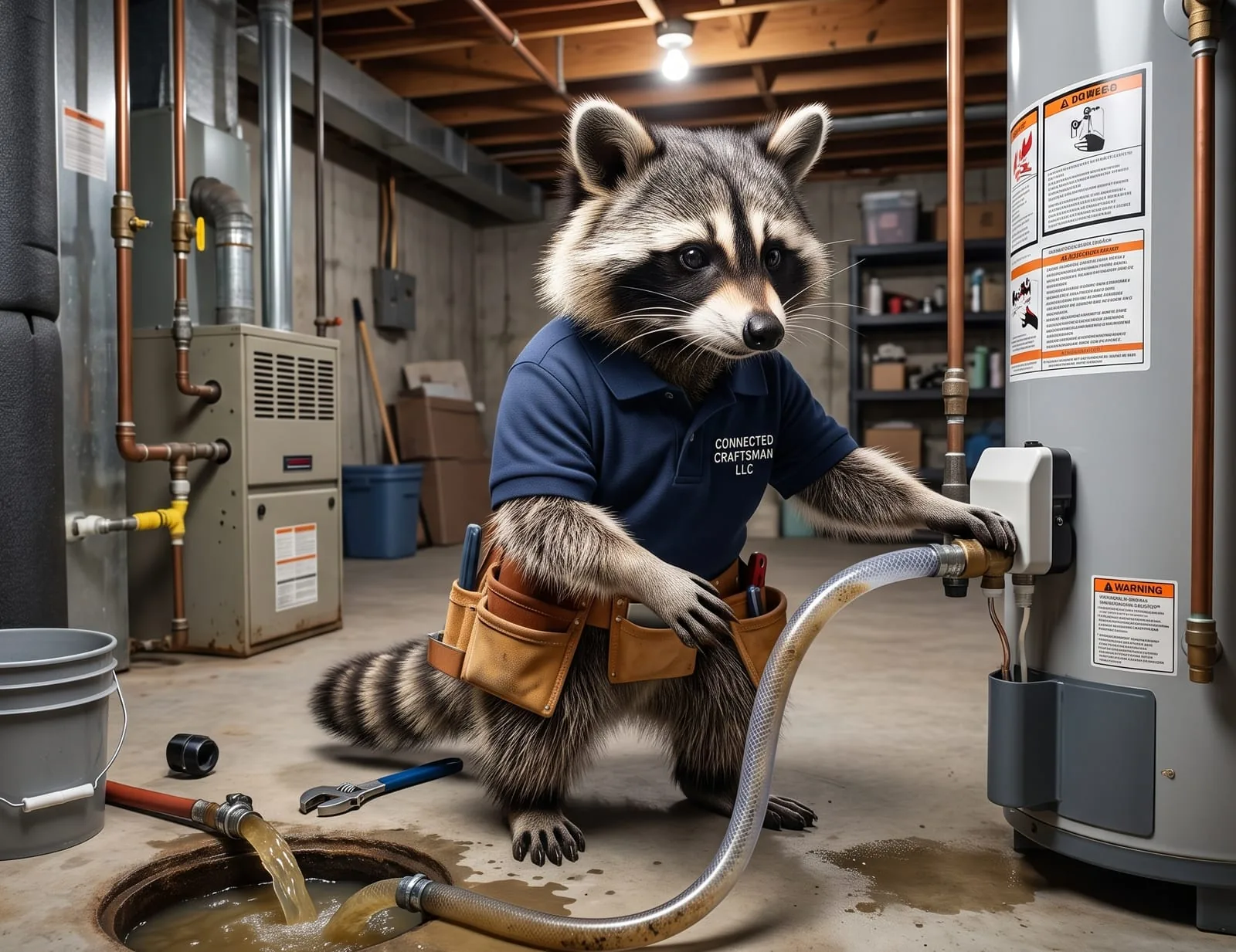 Illustrated raccoon mascot flushing a tank water heater
