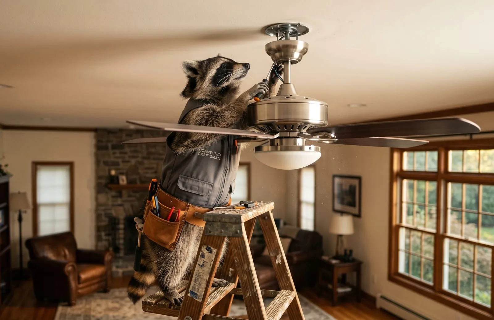 Illustrated raccoon mascot installing a new ceiling fan