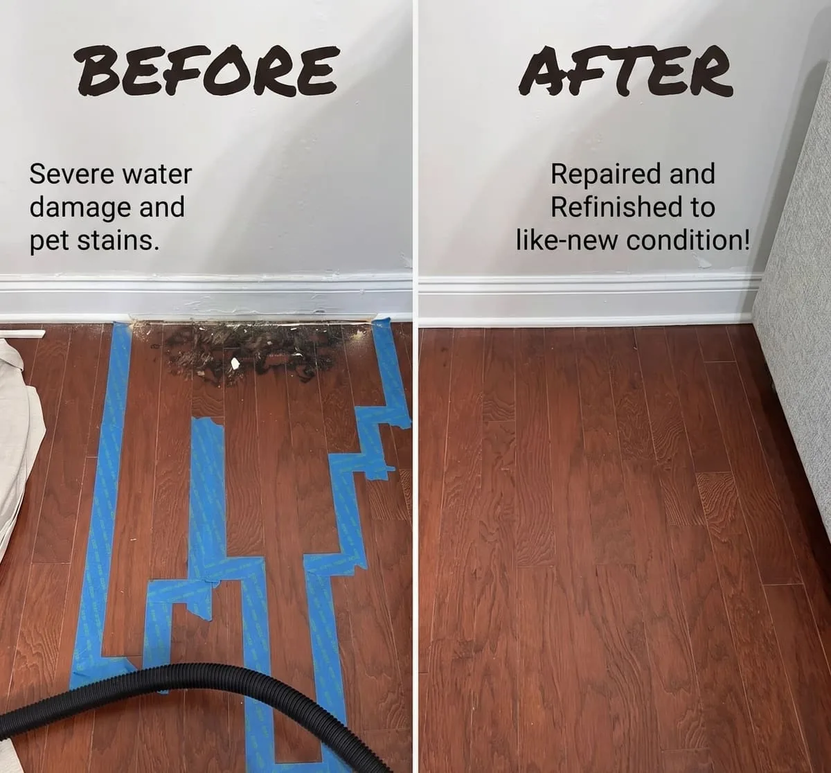 Before-and-after comparison of a hardwood floor: water and pet stain damage on the left, repaired and refinished to like-new condition on the right