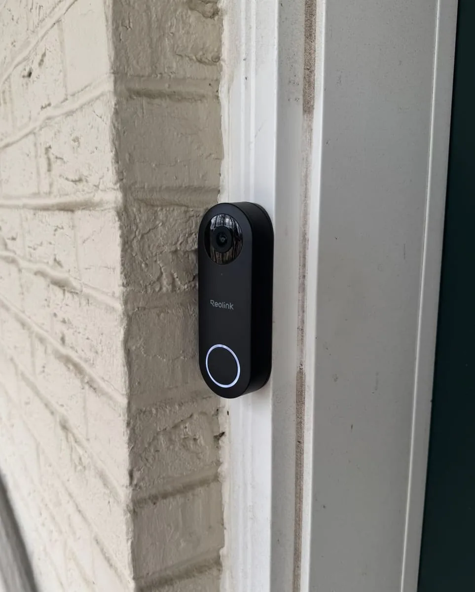 Reolink video doorbell mounted on a brick entryway corner next to a white door frame